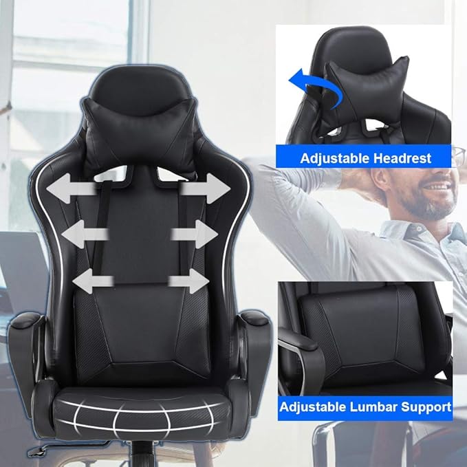 Gaming Chair Ergonomic Office Chair Massage Computer Chair High Back Racing Video Game Chair with Adjustable Armrest and Headrest Lumbar Pillow Swivel Rocking Executive Task Chair Black