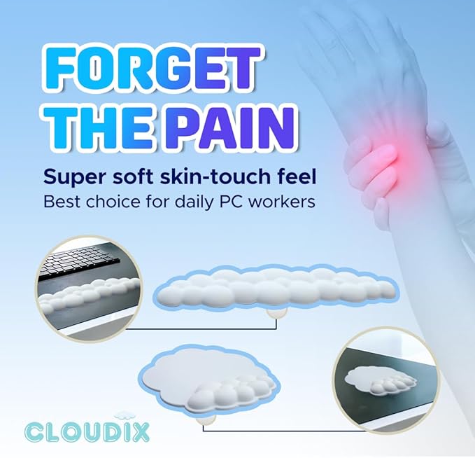 CLOUDIX - Cloud Keyboard Wrist Rest. Set Mouse Pad Phone Holder Tablet Holder Ergonomic Cloud Wrist Pad with Memory Foam Non-Slip Base for Typing Pain Relief Home Office Laptop Gaming (Grey)