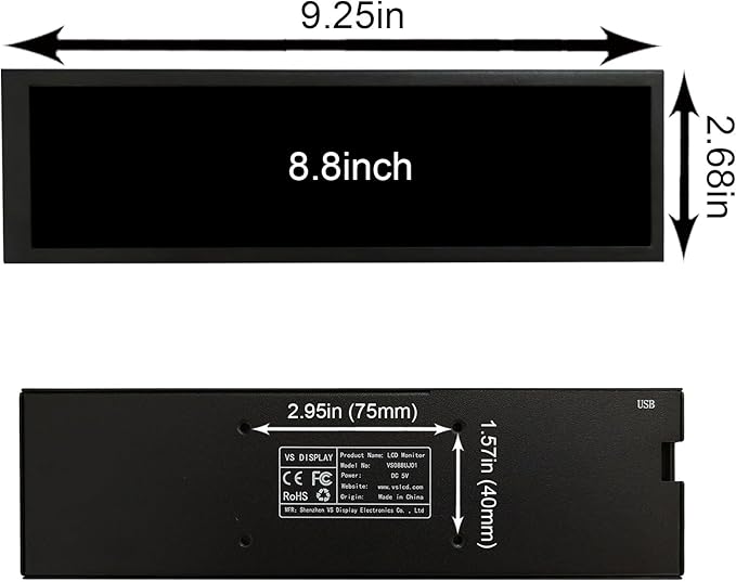 VSDISPLAY 8.8 Inch 1920x480 IPS LCD Monitor as Secondary Display/DIY Computer PC Case GPU CPU RAM Temperature Data Monitoring Sensor PanelBlack