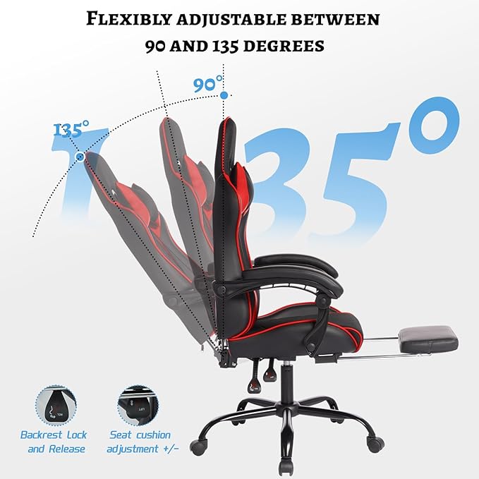 Ultimate Immersive Gaming Chair with Massage Racing Style PU Leather Seat with Molded Foam Support During Long Sessions (Black+Red)