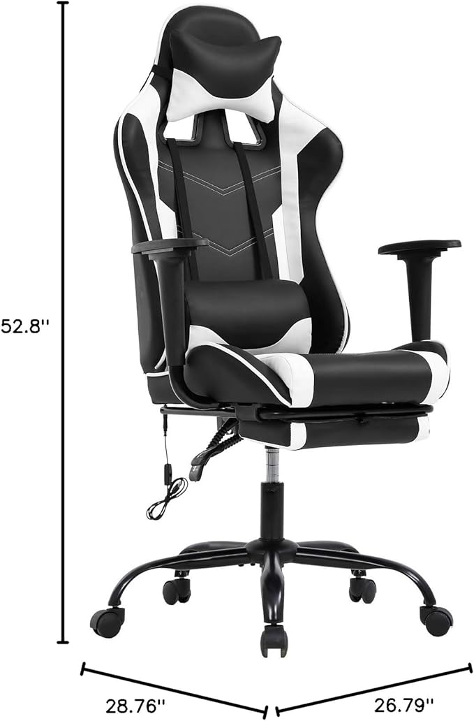 Massage Gaming Chair Ergonomic Computer Racing Style Office Chair Adjustable High Back Gamer Chair for Home Office with Footrest Headrest Lumbar SupportWhite