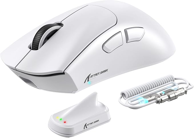 ATTACK SHARK V8 Wireless Gaming Mouse 59g Lightweight BT/2.4G Wireless/Wired Mouse PixArt PAW3950MAX Gaming Sensor 8K Polling42000 DPICoiled CableOffice Mice for PC/Win/Mac(White)