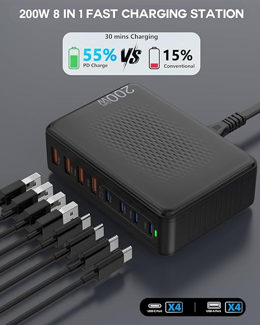 USB C Charger Block 200W 8 Port USB C Charging Station GaN Type C &amp A Charger Fast Charging Desktop Hub PD Block Laptop Adapter for Apple iPhone Air 17 16 15iPad Pro/Air/MiniMacBook Pro/AirGa