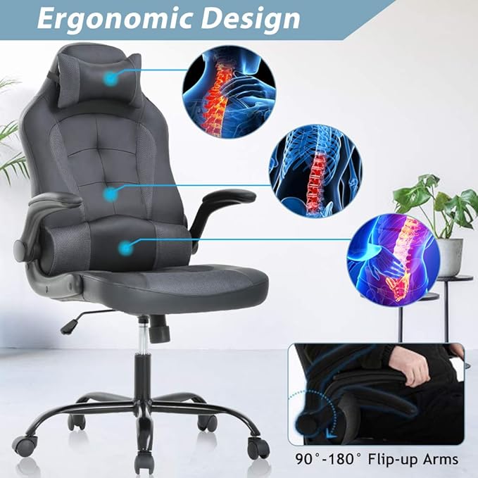 Gaming Chair High Back Home Office Chair Ergonomic PC Racing Chairs with Flip-up Arms PU Leather Computer Chairs Adjustable Height Swivel Executive Grey