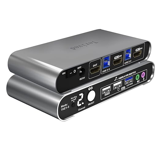 2 Port HDMI USB 3.0 KVM Switch with Aluminum Alloy Shell and Digital DisplayAudio/Microphone 4K@60HzhotkeyAuto EDID HDR10 with Cables