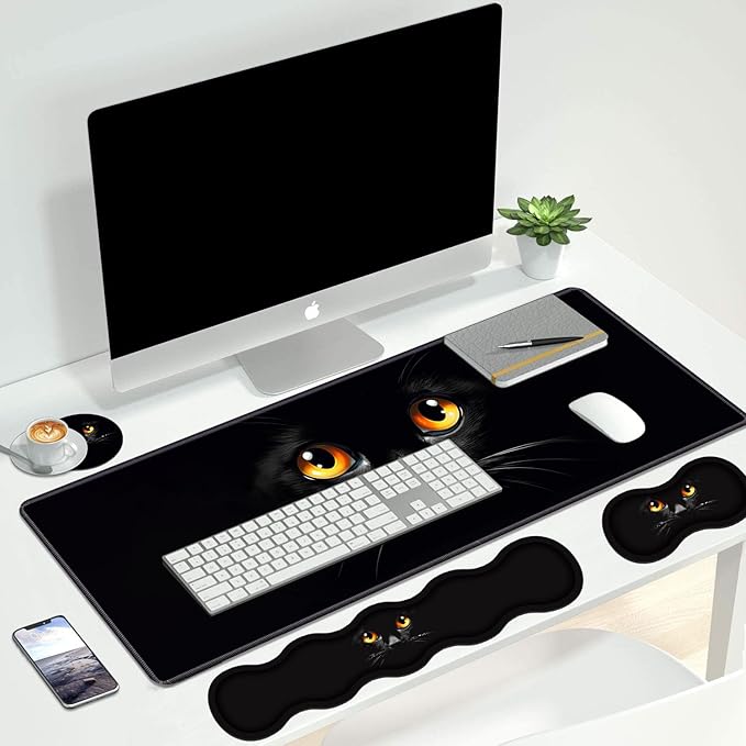 4 in 1 Ergonomic Keyboard Wrist Rest &amp Mouse Pad Wrist Rest Set Large XXL Gaming Desk Mat 31.5x 11.8 with Non-Slip Base Memory Foam for Home Office Study Gaming Black Cat Face