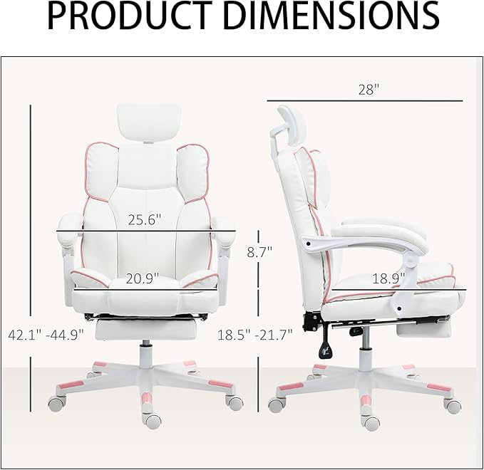 Gaming Chair with Footrest Modern Computer Gaming Chair High Back Ergonomic Reclining Swivel PU Leather Racing Seat for Adults Home Office White