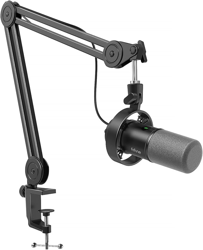 FIFINE Dynamic Podcast Microphone Set with Boom Arm Stand Studio XLR/USB Microphone for Recording Vocal Streaming Metal Mic with Mute Tap Headphone Jack Heavy Duty Boom Arm-K688T