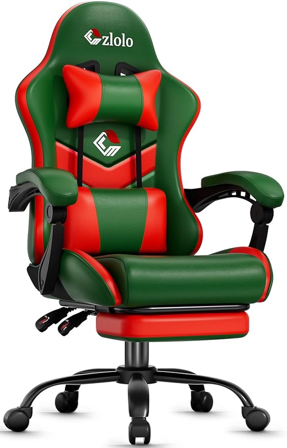 Gaming Chair Lumbar Support Massage Computer Chair High Back Gamer Chair with Footrest and Headrest Lumbar Pillow Recline Wide Seat Gaming Chairs for Christmas/Birthday Gifts Green