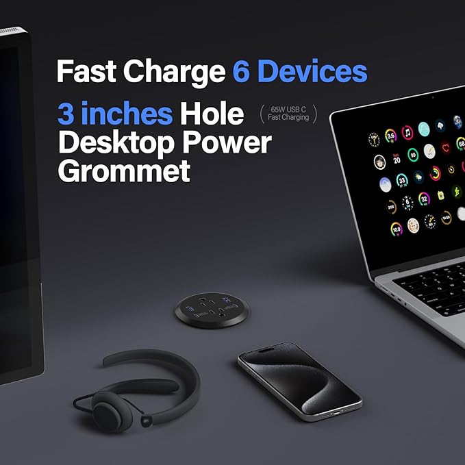 3 inch Desktop Power Grommet USB C65W Fast Charging StationFurniture Recessed Power Strip2 Outlets4 USB PortsFlush-Mount for Desktop Workspace Essential Desk Outlet2 Pack (Black)