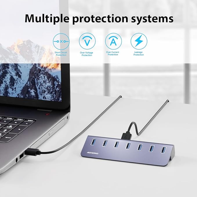 Achoro 7 Ports Powered USB HUB – 2nd Generation 10GB Super Speed External Ports – USB 3.2 Aluminium USB for Computer Mac PCs Smartphone &amp Tablets – Computer Multiple USB A &amp C Hub