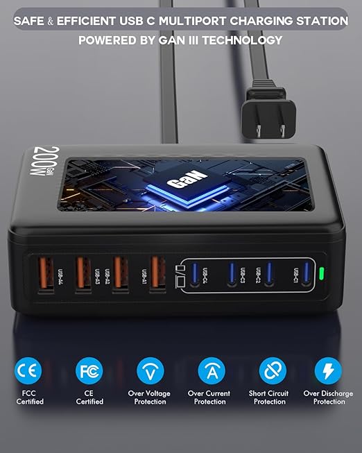 USB C Charger Block 200W 8 Port USB C Charging Station GaN Type C &amp A Charger Fast Charging Desktop Hub PD Block Laptop Adapter for Apple iPhone Air 17 16 15iPad Pro/Air/MiniMacBook Pro/AirGa