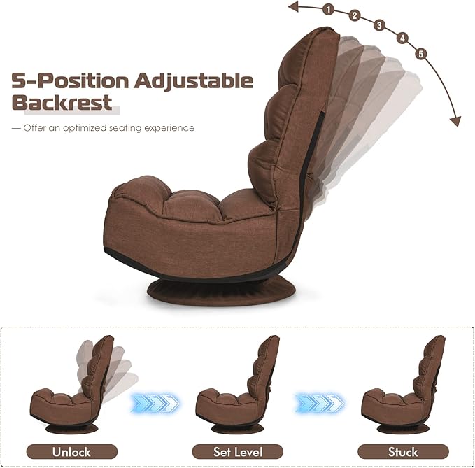 COSTWAY Folding Floor Chair Adjustable 5-Position Video Gaming Chair with 360 Degree Swivel Detachable Cover Padded Backrest Multipurpose Living Room Floor Lounger for TV Reading Playing Coffee