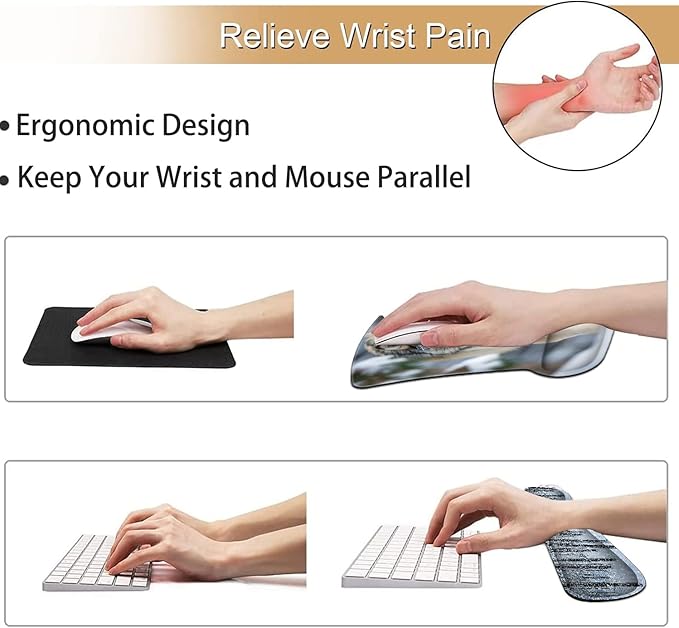 Keyboard Wrist Rest and Mouse Pad Wrist Support Set Ergonomic Gel Mouse Pad Wrist Rest with Non-Slip Base for Home Office Desk Pad Easy Typing Wolf in Snowy Forest Pattern Gaming Mouse Mat