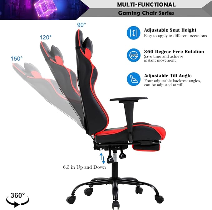 Gaming Chair Racing Style Office Computer Game Chair Ergonomic Desk Chair with Headrest Lumbar SupportHigh Back Gamer Office Chair Massage Recliner Video Game Chairs for Kids or AdultsRed