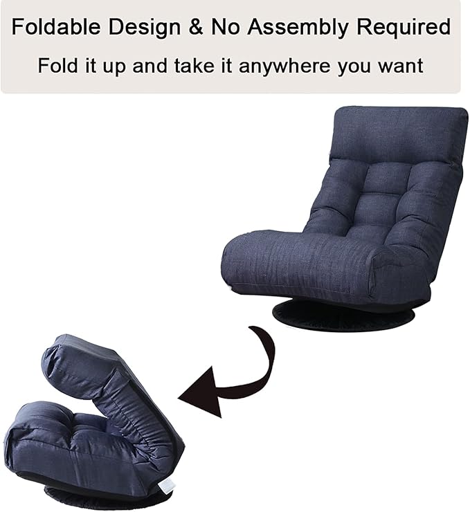 SLEERWAY 360-Degree Swivel Gaming Chair Foldable Floor Chair with Adjustable Backrest Cushion Padded Indoor Chaise Lounge Lazy Sofa Couch Rocker Gaming Chair for Teens and Adults (Navy Blue)