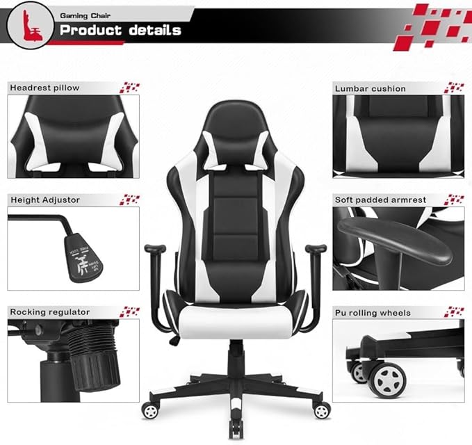 Ergonomic High Back Office Chair with Reclining Swivel Leather Gaming Chair with Headrest and Footrest Adjustable Height White Office Chair