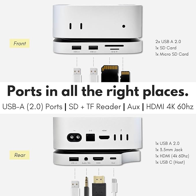 Macally Mac mini M4 Dock and Stand Mac mini M4 Hub with M.2 NVMe Enclosure 4K HDMI 60hz 3 USB A10Gbps USB C Data Port SD Card Reader 3.5mm Audio Jack