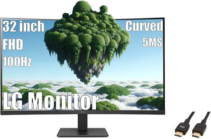 LG 32 inch Curved Monitor FHD VA Display 100Hz 5ms AMD FreeSync Dynamic Action Sync Black Stabilizer Reader Mode Flicker Safe OnScreen Control Auto Input Switch with 5ave HDMI Cable