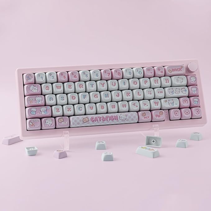 PBT Cute Kitty-cat Keycaps Set 140 Keys Dye-Sublimation MOA Profile Keycaps for Cherry Gateron MX Swithes Mechanical Keyboards