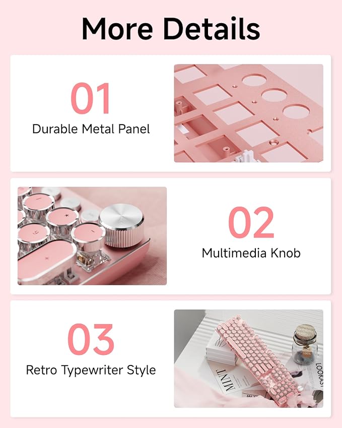EWEADN Typewriter Style Mechanical Keyboard Wired Typewriter Keyboards104 Keys Backlit LED Metal Keyboards Media Control Knob Wired Computer Keyboard White Switch for Windows/Mac/PC-Dark Pink