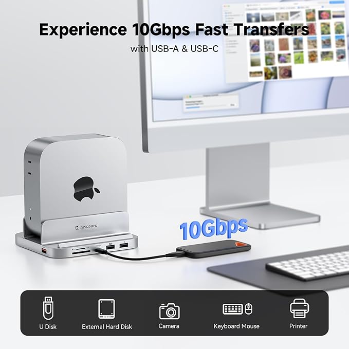 Minisopuru MINI218B PRO Mac mini M4 Dock with 8TB M.2 NVMe SSD Enclosure10Gbps USB C/A Mac mini M4 Accessories 8 in 1 All Aluminum Vertical Stand USB C Hub for Mac mini M4/M4 Pro 2024