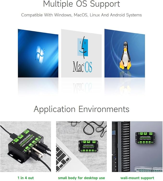Waveshare 4-Ch USB 3.2 Gen1 HUB Compatible with Windows macOS Linux and Android Metal Case with Wall-Mount Support Driver-Free Plug-and-Play