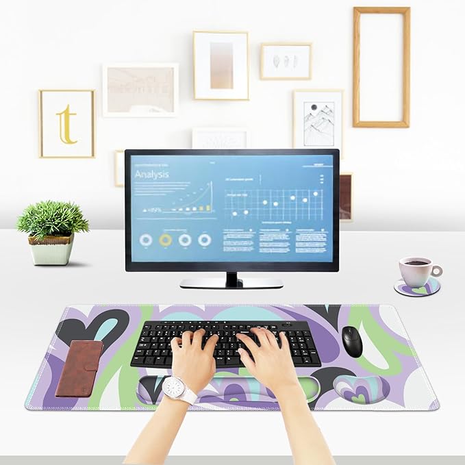 ToLuLu Extended Gaming Mouse Pad Memory Foam Ergonomic Keyboard Mouse Wrist Rest Support Set Large Desk Mat with Stitched Edges Non-Slip Base Mousepad for Home Office Game Study Purple Hearts