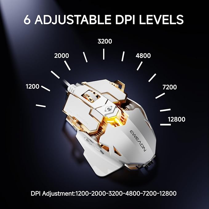 EWEADN G5 Wired Gaming Mouse Ergonomic RGB Computer Mouse 12800 Adjustable DPI 9 Programmable Macro Buttons with Rapid Fire Key Compatible for PC/Laptop/Windows-White