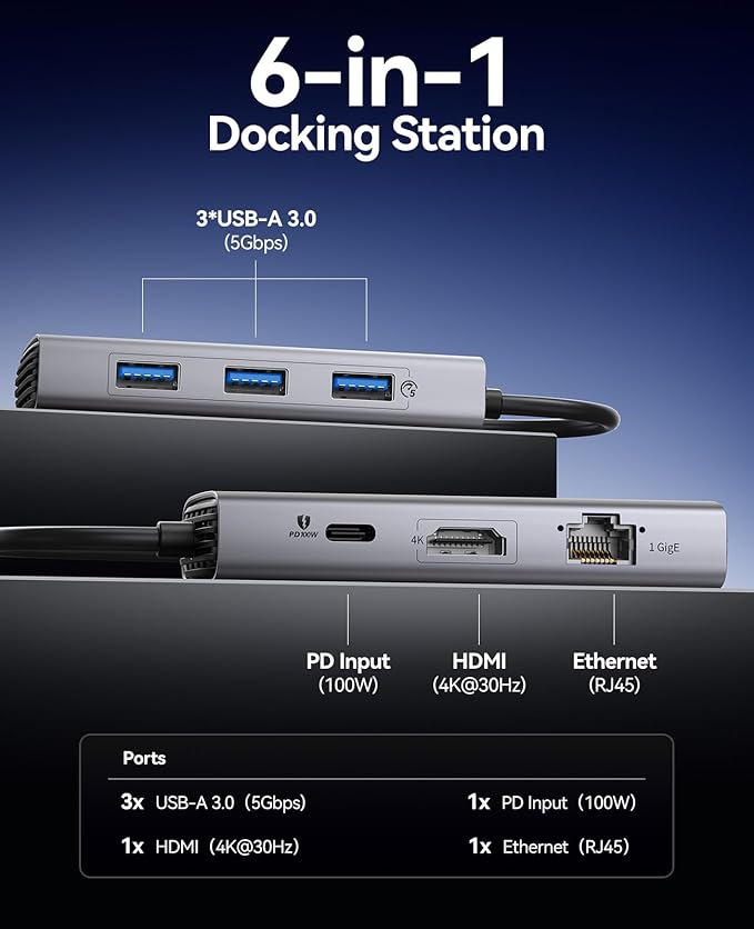 ORICO USB C Docking Station 6-in-1 Laptop Docking Station with HDMI 4K@30Hz 1000Mbps Ethernet 100W PD 3xUSB-A 3.0 USB C Dock Compatible with MackBook/Dell XPS/HP/Surface