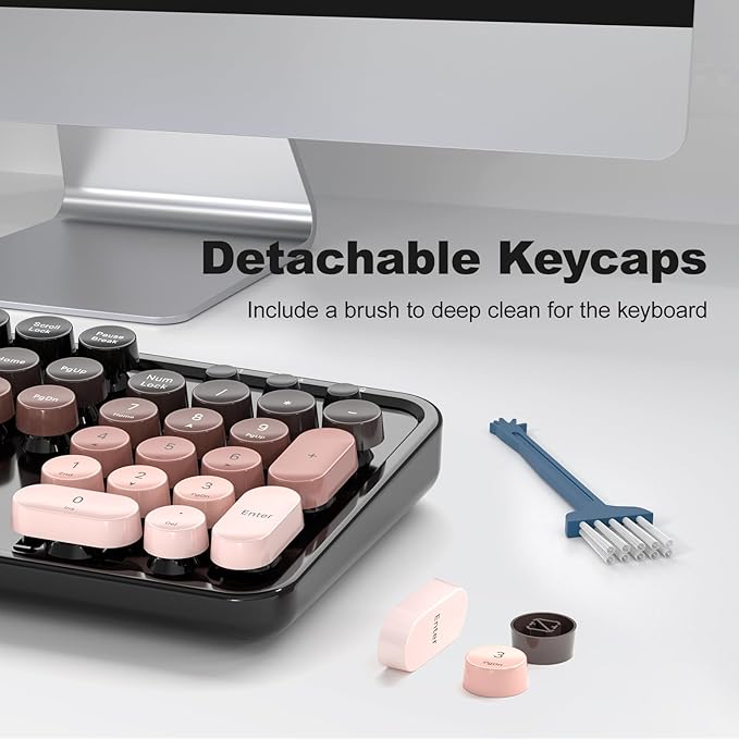 Wireless Keyboard and Mouse Combo MOWUX Full Size Typewriter Retro Round Computer Keyboard Cute Optical Mouse Wireless Plug and Play for Laptop PC Computer- BlackBerry Gradient