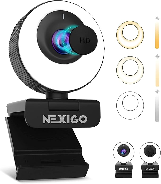 NexiGo N620E Webcam with Light 1080P 60FPS AutoFocus ePTZ 2X Digital Zoom Plug and Play [Software Included] FHD Streaming Web Camera Dual Stereo Mics for Zoom Skype Teams PC Mac Laptop Desktop