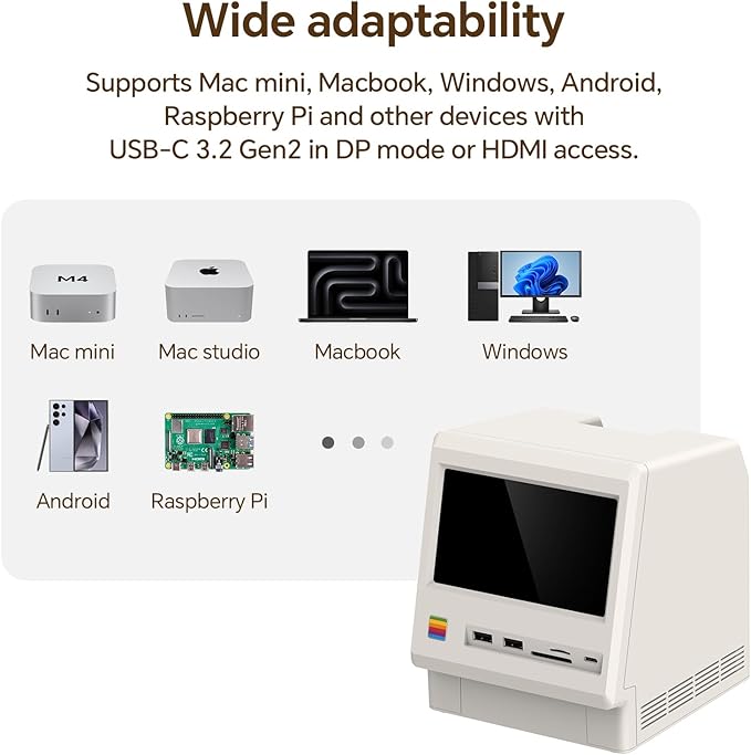 M5 Retro Dock Station for Mac mini M4 5’inch HD Display 10Gbps M.2 NVMe SSD Enclosure SD/Micro SD Reader 4.0 4*USB-A 1*USB-C 10Gbps 3.5mm Earphone Jack