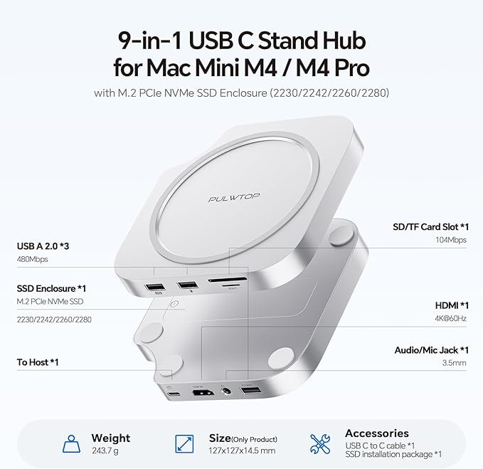 Mac mini M4 Dock No WiFi Interference PULWTOP Mac mini M4 Hub Stand with M.2 SSD Enclosure (SSD NOT Included) for Mac mini M4 and M4 Pro 2024 with 4K60Hz HDMI 3 x USB A 2.0 SD/TF 3.5mm Audio/Mic
