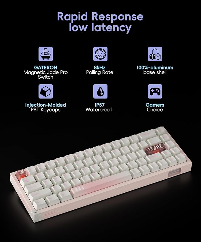 Defender 68 PC Gaming Keyboard Wired 0.01mm Precision Magnetic Switch Hot Swappable PBT Keycaps RGB 128K Polling Rate IP57 Full Aluminum CNC Housing Compatible with PC/Mac(Pink)