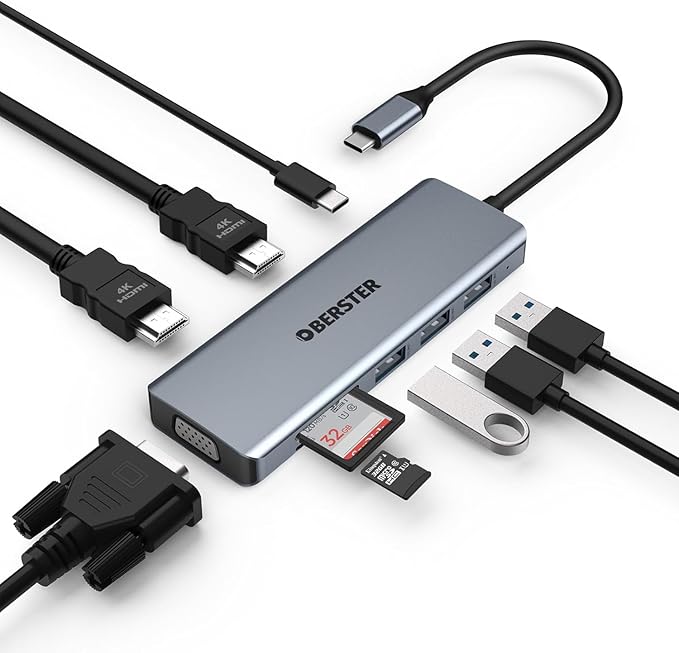 USB C Hub Dual HDMI Adapter OBERSTER 9-in-1 Triple Display Docking Station 4K HDMI with Collage Display Mode VGA 100W PD 3 USB 3.0 and TF/SD Card Compatible with MacBook and Windows