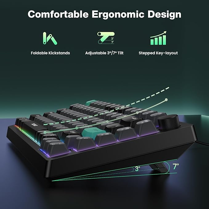 TECKNET Gaming Keyboard 75% Wired Keyboard RGB Backlit 82-Keys with Volume Knob Control 26 Keys Anti-ghosting Whisper Quiet Gaming Switch Travel Friendly for Windows Laptop PC Mac-Grey