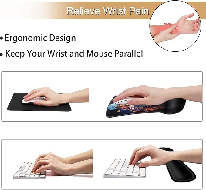 Keyboard Wrist Rest and Mouse Pad Wrist Support Set Ergonomic Gel Mouse Pad Wrist Rest with Non-Slip Base for Home Office Desk Pad Easy Typing Nebula Wolf Pattern Black Gaming Mouse Mat