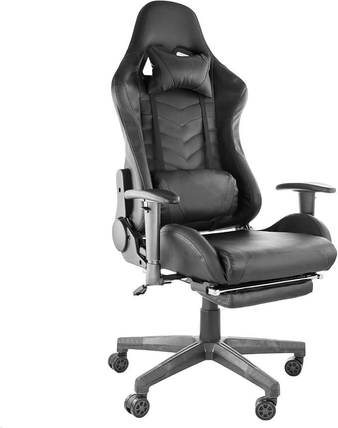 Ergonomic Gaming Chair with Footrest Adjustable Reclining Gamer Chair with Lumbar and Head Pillow Support Swivel Office Gaming Chair with Pleather Upholstery High-Back Chair (Black)