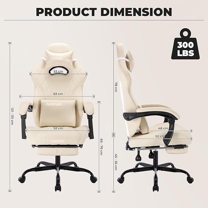 Gaming Chair with Footrest and Massage Lumbar Support Ergonomic Computer Gamer Chair Office Video Game Chairs with Adjustable Height and Backrest (Beige)