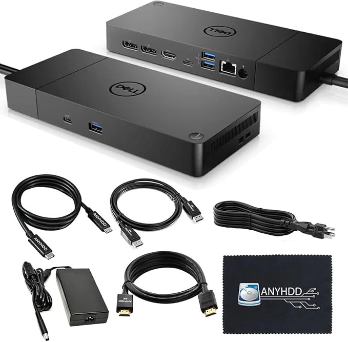 Dell WD19S Docking Station Dual Monitor Bundle - 180W Supports 4K Display Dell Dock with 180W Power Supply + Anyhdd 4K HDMI Cable + 4K DisplayPort Cable + USB-C Cable + Microfiber Cloth Included