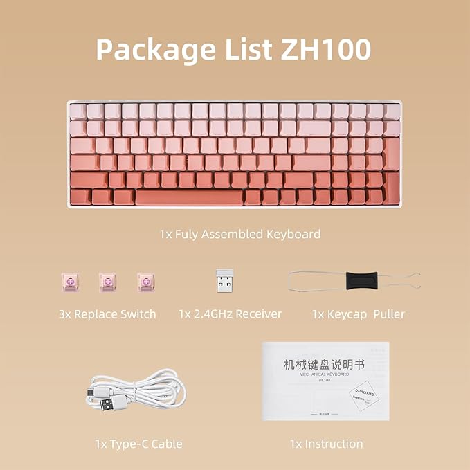 ZORNHER ZH100 Wireless Mechanical Keyboard98% Pink Creamy Keyboard with Number PadFull Size Rose Gold Gaming KeyboardLighted Up PBT Dipped KeycapsCreamy Sounding Linear Switches