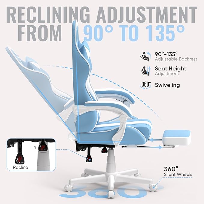 Ferghana Gaming Chairs Ergonomic Racing Style PC Game Computer Chair with Headrest Lumbar Support Adjustable Recliner PU Leather Video Computer Chair(Light Blue)