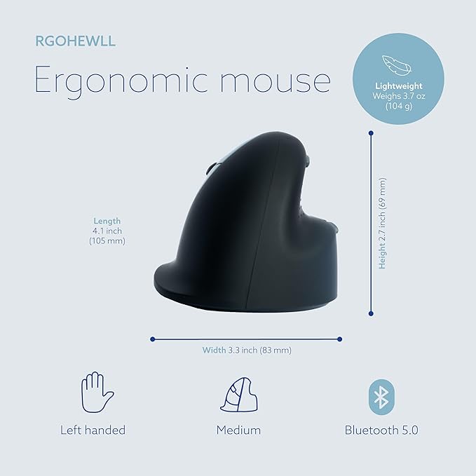 R-Go HE Ergonomic Mouse for Left Hand Bluetooth 5.0 Silent Click Vertical Design with Break Software Anti Carpal Tunnel Rechargeable Wireless Mouse for Windows/Mac Customisable Buttons Black