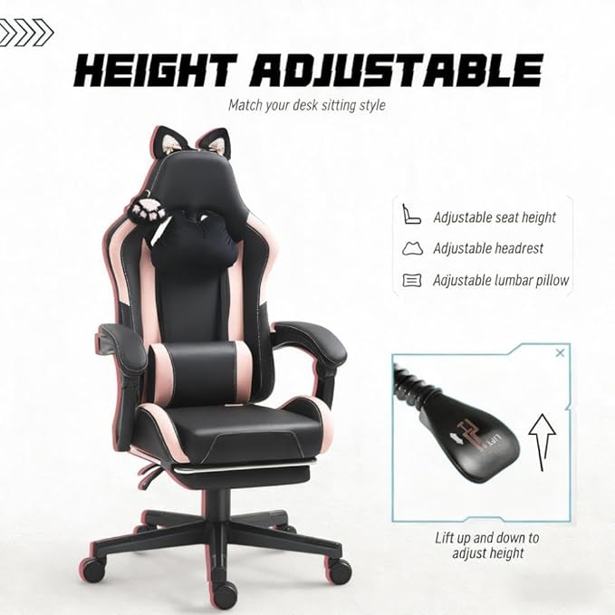 Pink Gaming Chair with Cute Cat Ears Comfy Ergonomic Computer Chair with Footrest and Headrest Video Game Chairs for Girls Adult Teen Height Adjustable Lumbar Support (Pink Black)