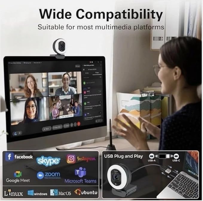 4K Webcam for MSI PRO MP275QPDG Monitorwith Microphone &amp Light &amp Privacy Cover &amp Plug&ampPlayWorks Zoom/Teams/Skype/Google Meet