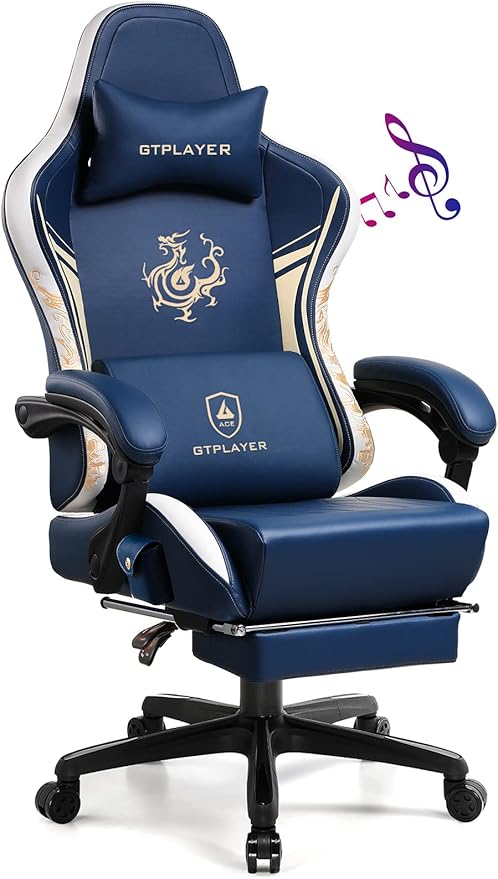 GTPLAYER Gaming Chair with Bluetooth Speakers and Footrest Dragon Series Video Game Chair Heavy Duty Ergonomic Esports Computer Office Chair Blue (Royal Blue)