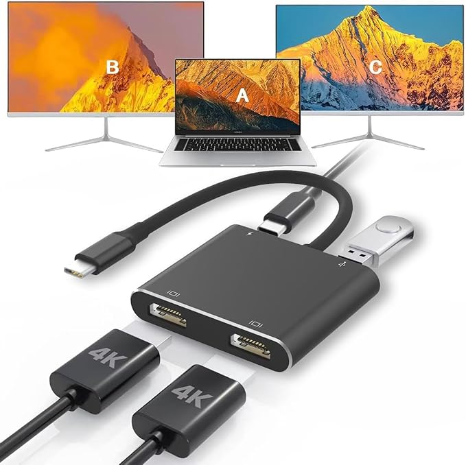 USB C to Dual HDTV Adapter Fophmo 4K@60Hz HDTV Splitter Extend Display for Dual Monitors macOS Only Allows Mirror Mode Windows Allows Multi-Monitor Display 3 Separate Screens for 100W PDUSB-A Port
