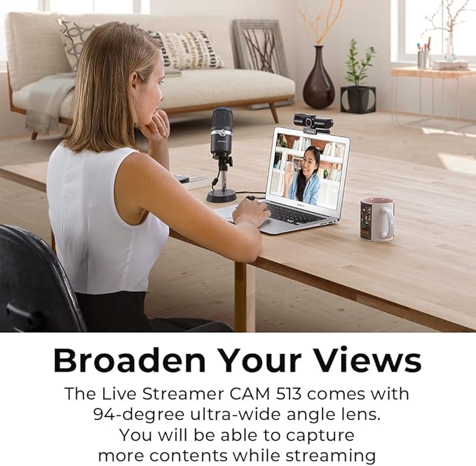 AVerMedia Live Streamer CAM 513-4K 30 fps UHD Ultra Wide Angle Webcam with Fixed-Focus Glass Lens for Indoor Lighting Works with OBS Zoom Black
