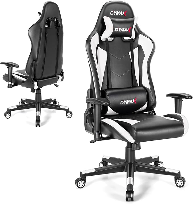 GYMAX Computer Gaming Chair Racing Style Office Chair with Adjustable Lumbar Support Headrest 360° Swivel Height Adjustable Ergonomic Reclining Gaming Chair for Home Office Leisure Room (White)